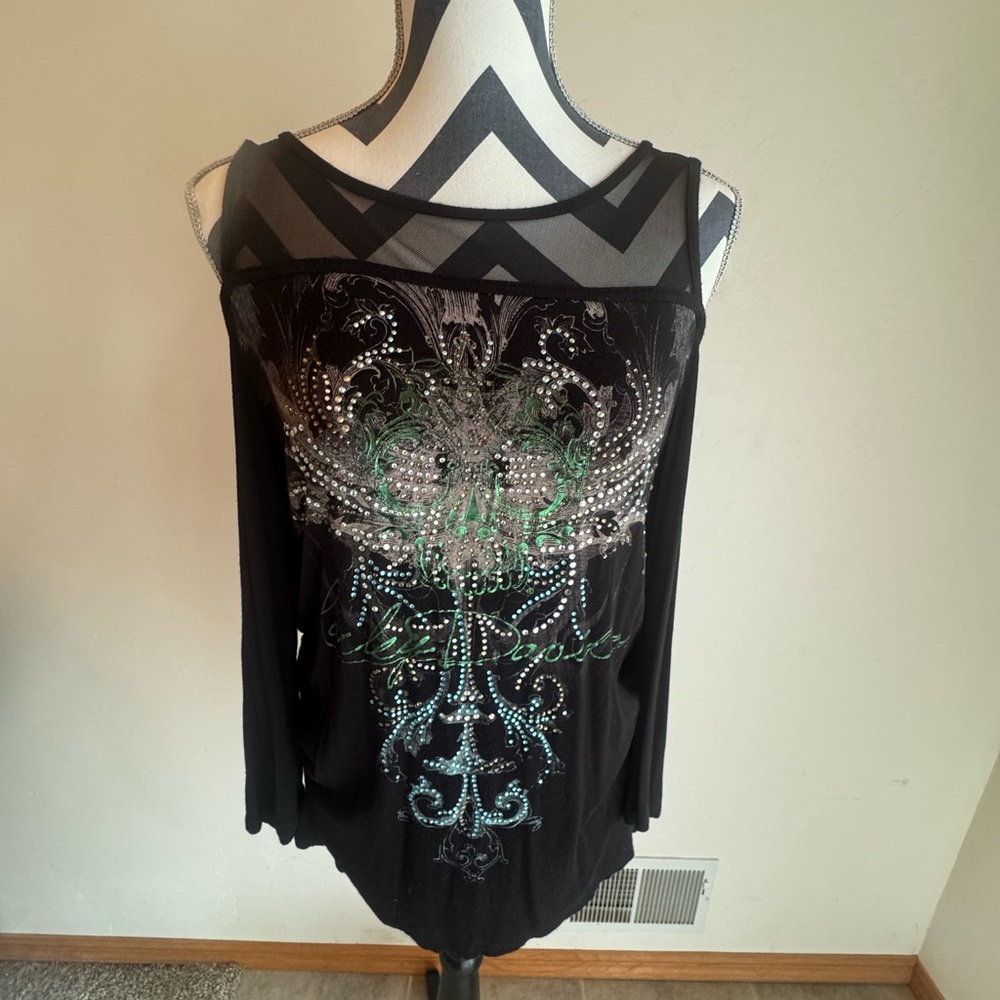 Harley-Davidson Black Graphic Embellished Long Sleeve Blouse